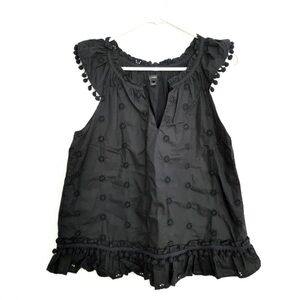 J.Crew Pompom Eyelet Ruffle Black Top L